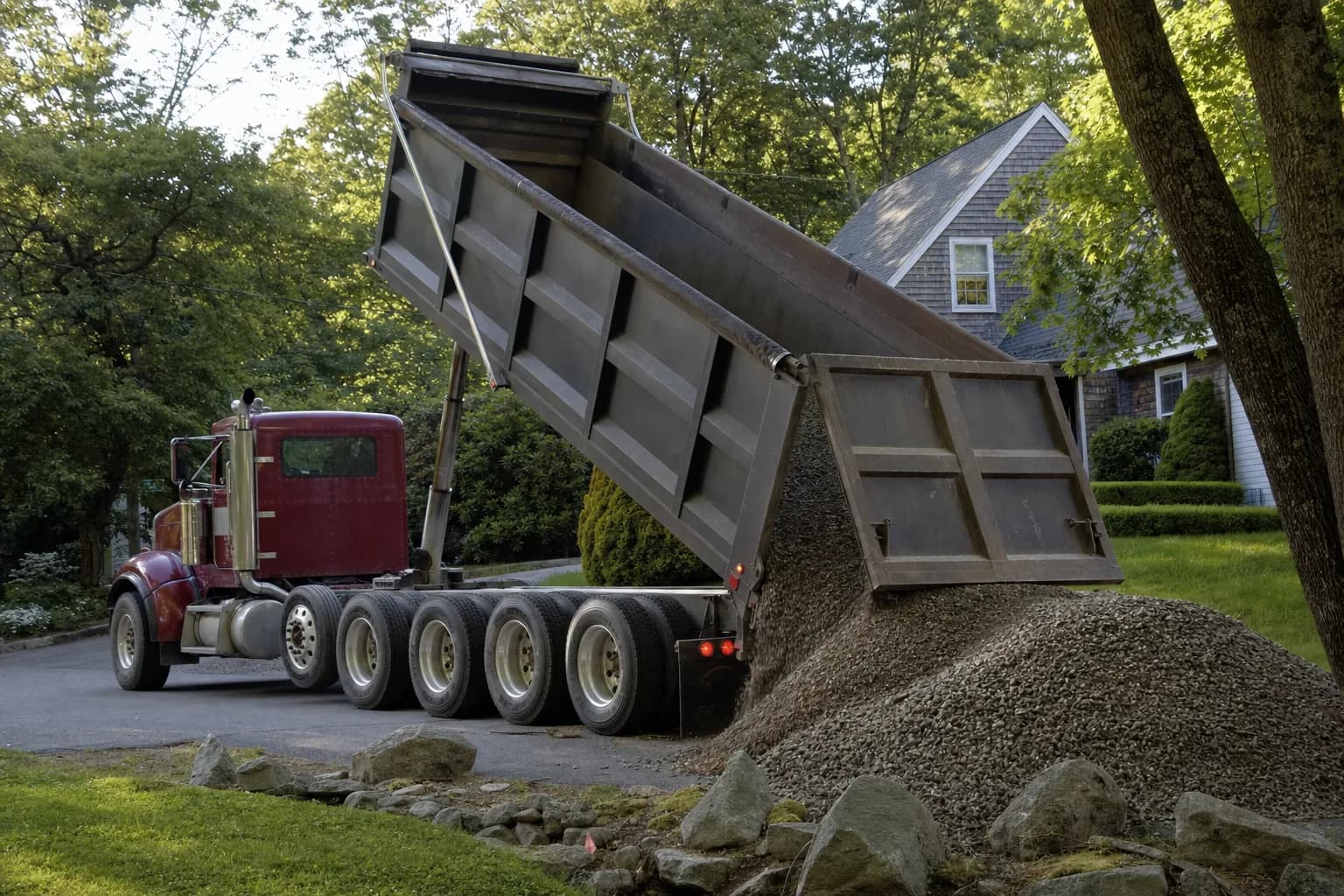 Dump truck delivering gravel